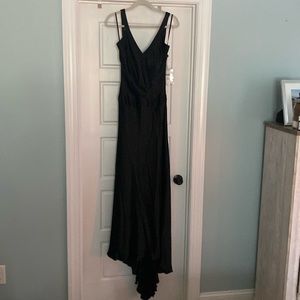 Black silk-like full length gown with train, backless